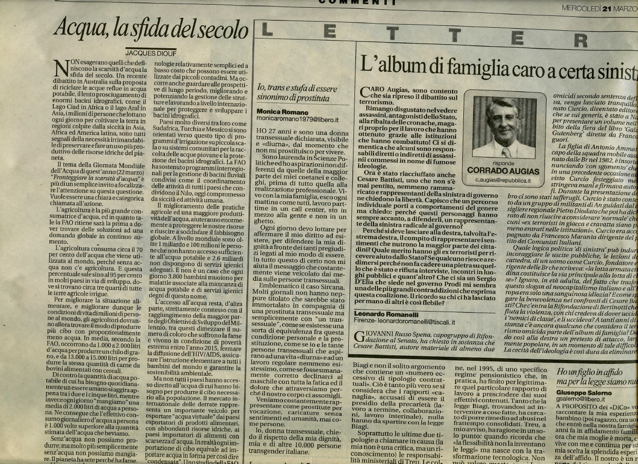 Lettera aperta sul caso Sircana pubblicata dai quotidiani "La Repubblica" e "La Stampa" - Marzo 2007